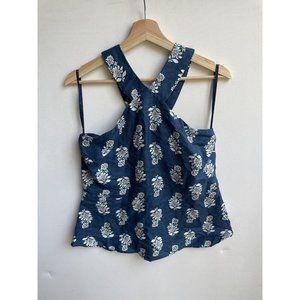 Ann Taylor Blue Floral Print Linen Blend Halter Neck Peplum Top Size 10